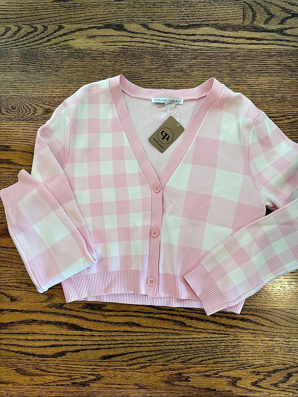English Factory Gingham Knit Cardigan Pink & White Checkered